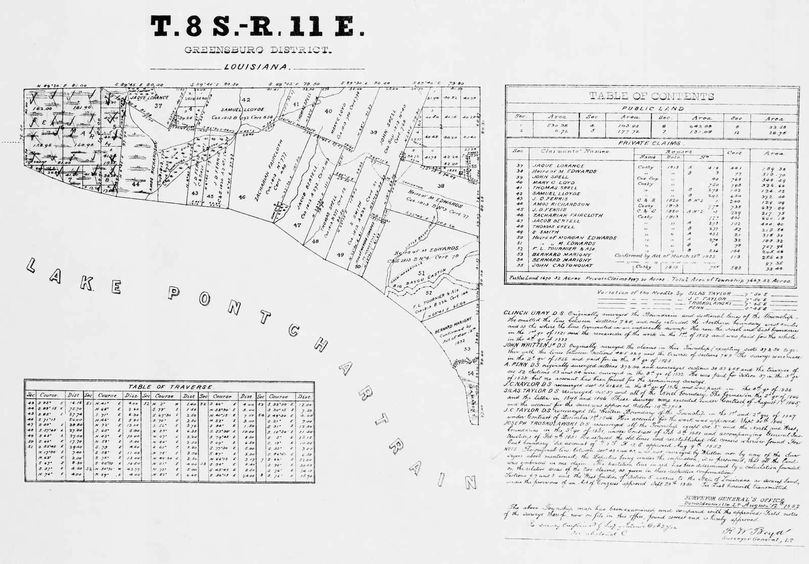 An 1852 federal township plat map of Township 8 South, Range 11 East, Louisiana, with a table of contents listing each claimant and a table of traverse